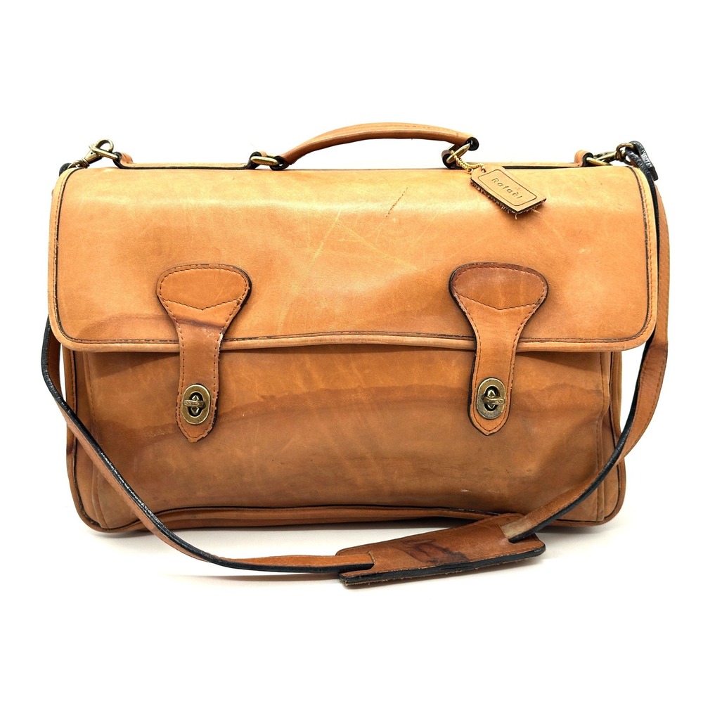 Vintage Rafael Mens Tan Leather Briefcase Messenger Bag Flap Turn Lock Laptop